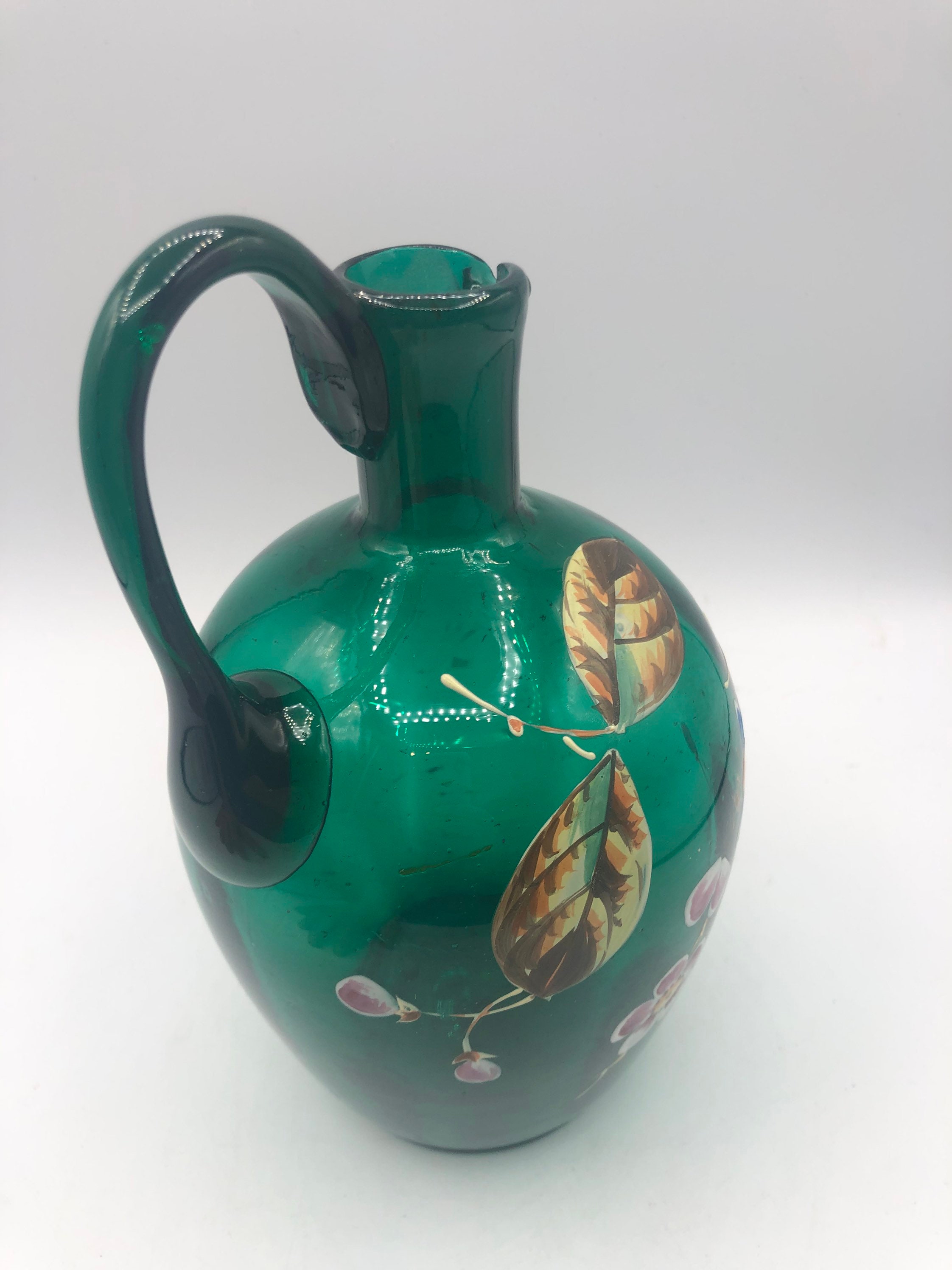 Vintage Green Glass Jug With Flowers Blue & Pink Flowers Etsy UK