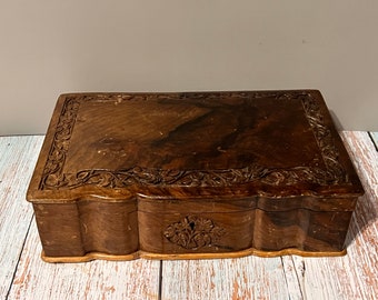 Fretwork Carved Wooden Jewelry Box: Large Keepsake with Red Silk Lining