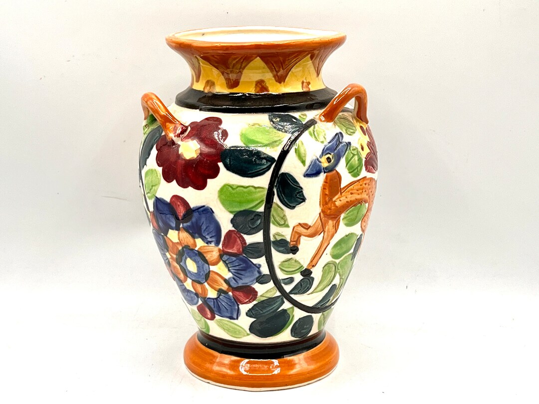 Vintage Japan Vase, Deer & Flower Motifs, Ceramic Vase, 2 Handles