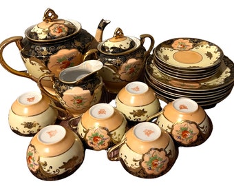 RARE Moriyama Tea Set, Black, Salmon Pink, Mori Machi, LustreWare, Gilt Demitasse, Hand Painted Fine Bone Porcelain, Set of 6, Collectible