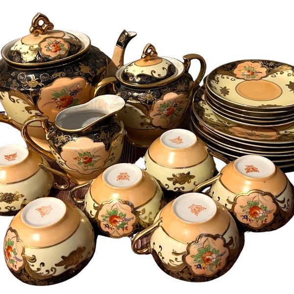 RARE Moriyama Tea Set, Black, Salmon Pink, Mori Machi, LustreWare, Gilt Demitasse, Hand Painted Fine Bone Porcelain, Set of 6, Collectible