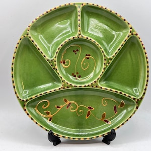 Vintage Japan Majolica Plate, Decorative Divider Plate, Hand Painted, Red and gold Patterns, Signed Japan, Snack Plate, Serving Dish