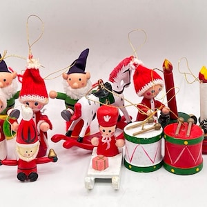 Vintage Wood Tree Ornaments, Christmas Tree Decorations, Set of 13, Hand Painted, Santa, Candle, Drums, Elves, Holiday Decor, Collectible