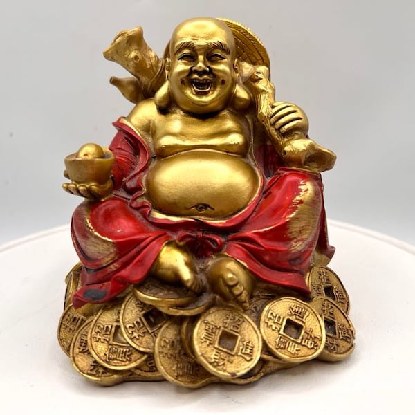 Vtg Money Buddha Statue, Lucky Coins Figurine, Red Gold Tone,  Plastic, Happy Buddha, For Good Luck, Happiness & Good Furtune, Buddha Statue