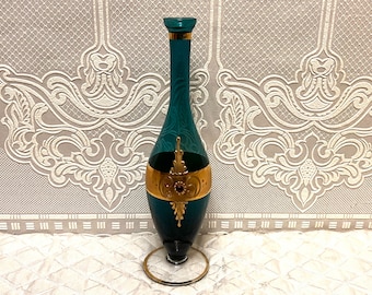 Vintage Teal Glass Bottle, Gold with Faux Ruby, Bohemian Glass Art, Apothecary Jar, Liquid Storage, Medicine or Liquor Vessel, Potion Bottle