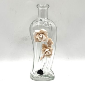 Vintage Via Veneto Glass Bottle, Ceramic Roses, Made in Italy, RARE, Glass Art, Apothecary Jar, Medicine or Liquor Jar, Potion Bottle
