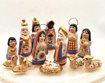 Vintage Mexican Nativity Set, 14 Pieces, Clay, Hand Painted, Pottery, Folk Art, Made in Mexico, Colorful Patterns