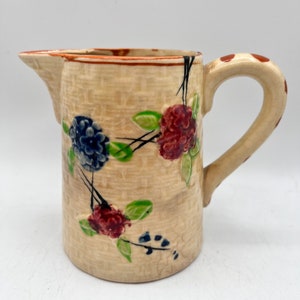 Vintage Majolica Japan Pitcher, Cherry Blossom, Hand Painted,  Basket Weave, 1940s Arts and Crafts, Sighed Made in Japan, Earthware Clay