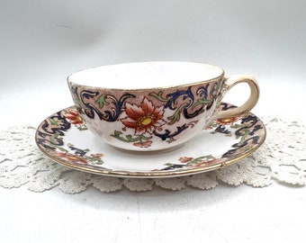 Antique RARE France Tea Cup & Saucer, SARREGUEMINES Porcelain Tea Set, 1900s, Hand Painted, Hot Drinks, Orange Blue Green Gold, Utzschneider