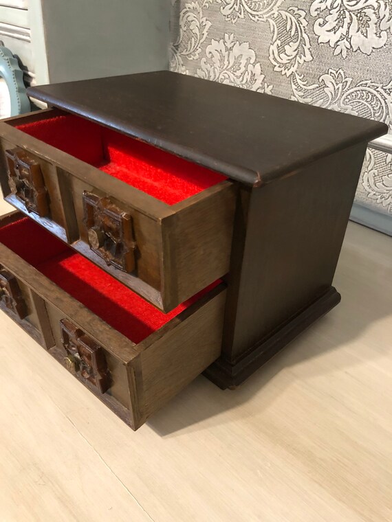 Vintage Toyo Japan Jewelry Box, Wood with Red Velvet… Gem