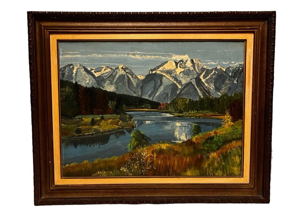 絵画 油絵　SHERDAN Vintage R. Thomas Impressionist Oil Painting: River Mountain
