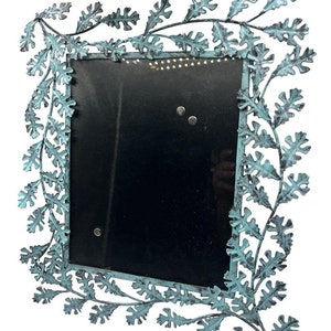 Vintage 8x10 Metal Picture Frame, Border of Branches, Hand painted Blue, With Glass, Memory Holder, Table Top Picture Frame