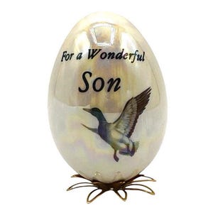 Vtg Collectible Porcelain Egg, Scripted &quot;For A Wonderful SON&quot; Iridescent Egg, EASTER EGG Gift, With Geese Image, 3.5&quot; Tall, Made in Canada