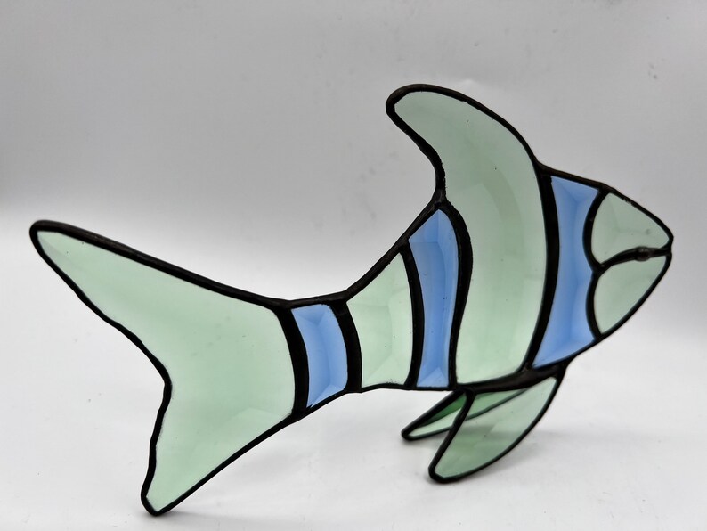 RARE Stained Glass Fish, Blue Green Beveled Glass, Stand Alone Fish