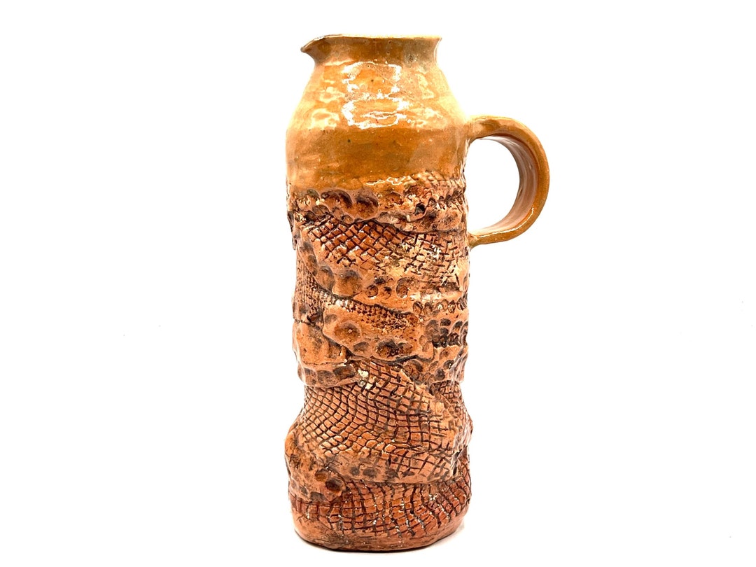 Vintage Glazed Water Jug, Flower Pot, Wrapped Snake Design, Signed