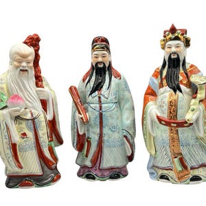 ヴィンテージ セラミック 中国の神々、福禄寿、手描き、三星の神、風水、繁栄長寿、幸運、3 個セット