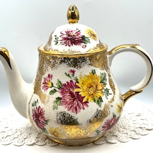 RARE Arthur Woods Crackle Glazed Teapot, Porcelain Made in England #4963 Hand Painted Pink Yellow Flowers, Hot Beverage, Collectible