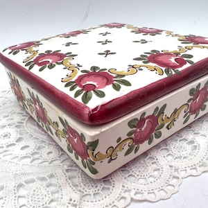 Ceramic Jewelry Box, Red Floral Trinket Dish , Handmade Square Jewelry Box, Boudoir Trinket, Hand Painted, Number and Marked on Bottom