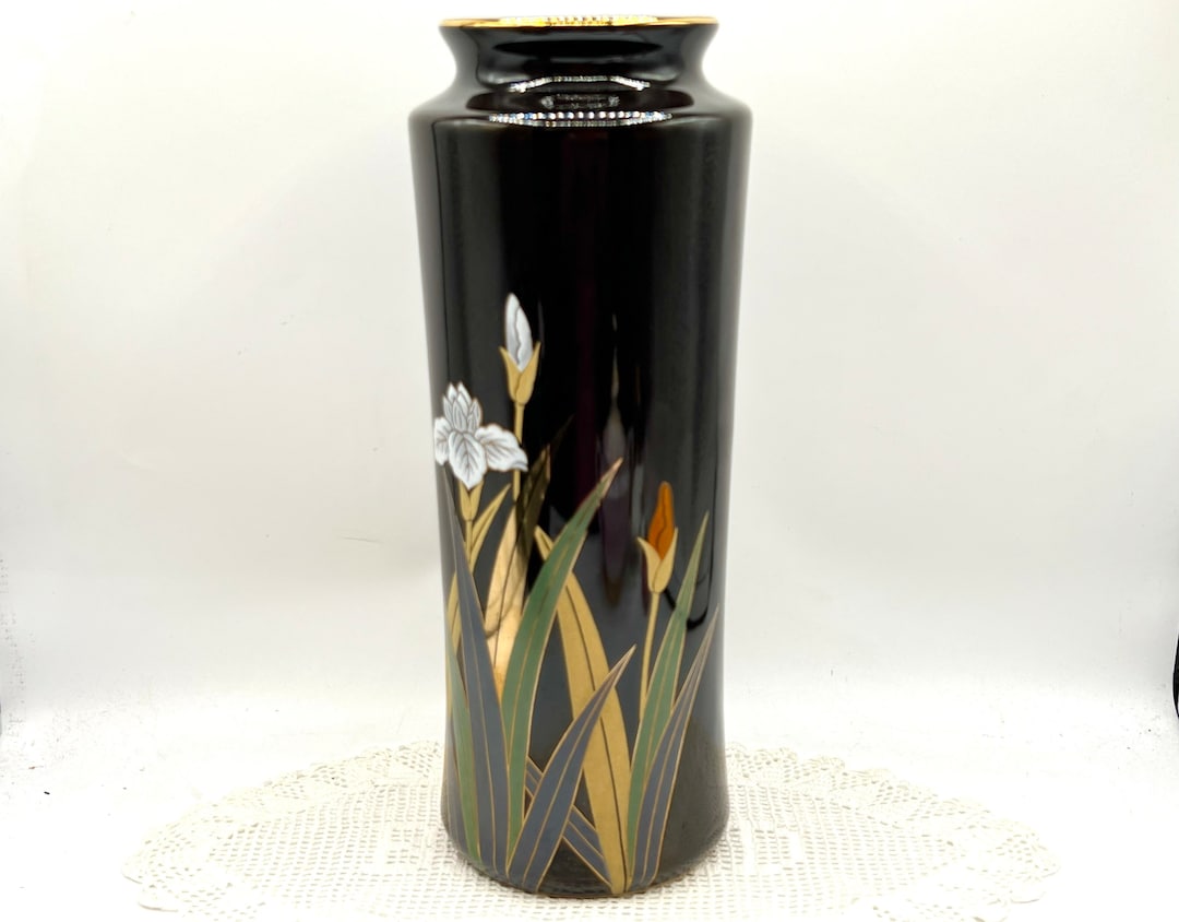Vintage Otagiri Japan Vase Hand Painted Flowers Tall Black Etsy