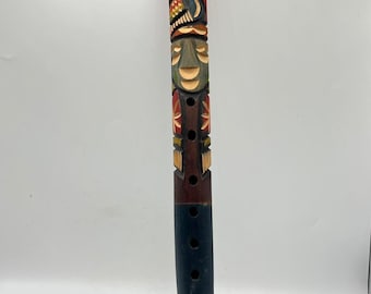 Vintage Wooden Flute, Musical Tube, Tiki Stick, Man Bird, Hand Painted, Red Green Blue, Musical Instrument, 9 Holes, Hand Made, Collectible