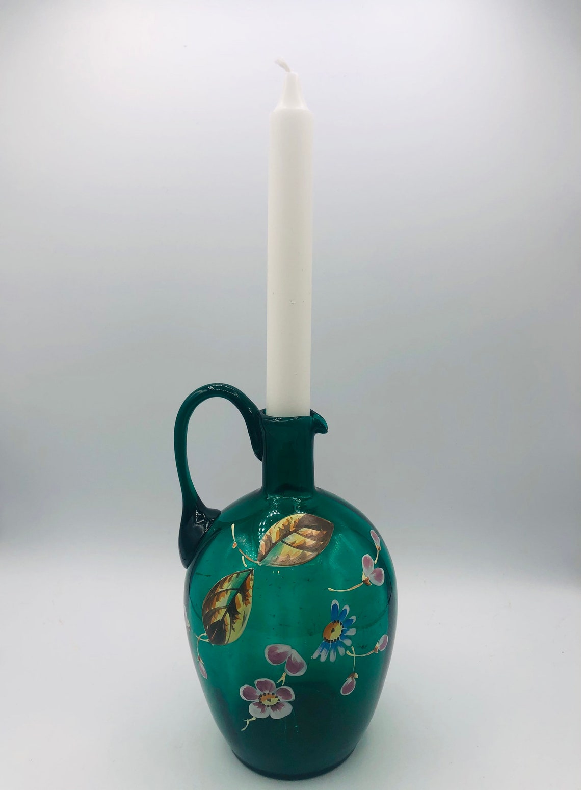 Vintage Green Glass Jug with Flowers Blue & Pink Flowers Etsy