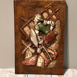 Vintage Wood Warrior Plaque, Hand Carved, Man with Shield And Sword, Relief Sculpture, Hand Painted Wall Art, Gallery Wall Hanging