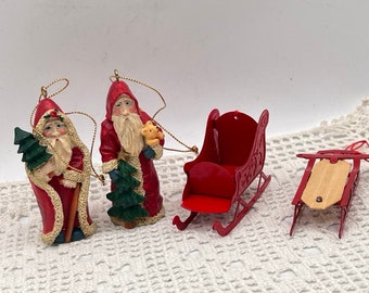 décorations de Noël vintage, 2 vieux saint Nicolas, 2 traîneaux en métal, décoration d'arbre de Noël, décoration des fêtes, décorations du père Noël, décoration de traîneau