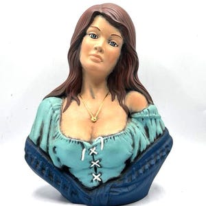 Vtg Holland Gypsy Mold, Gypsy Sculpture, Hand Painted, Gypsy Bust, Plaster Hand Made, Wench Gypsy Figurine, Home Decor, Blue Brown