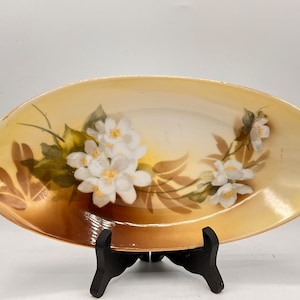 Antique Celery Dish, RS Germany, 11" Candy Dish, Gold Rim, Hand Painted White Floral Tray, Porcelain, 2 Handles, 1920s Collectible