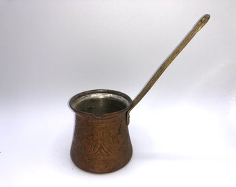 Vintage Copper Ladle w/ Brass Handle, Turkish Ladle With Pour on Side, Turkish Coffee Pot, Dipper, Kitchen Utensil, Etched Design Copper.