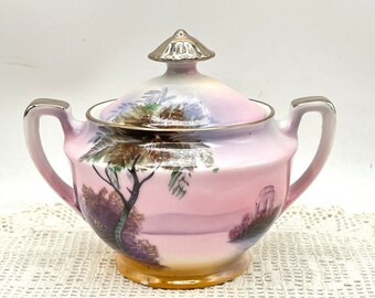 Azucarero vintage Noritake: Árbol del Atardecer pintado a mano, hecho en Japón