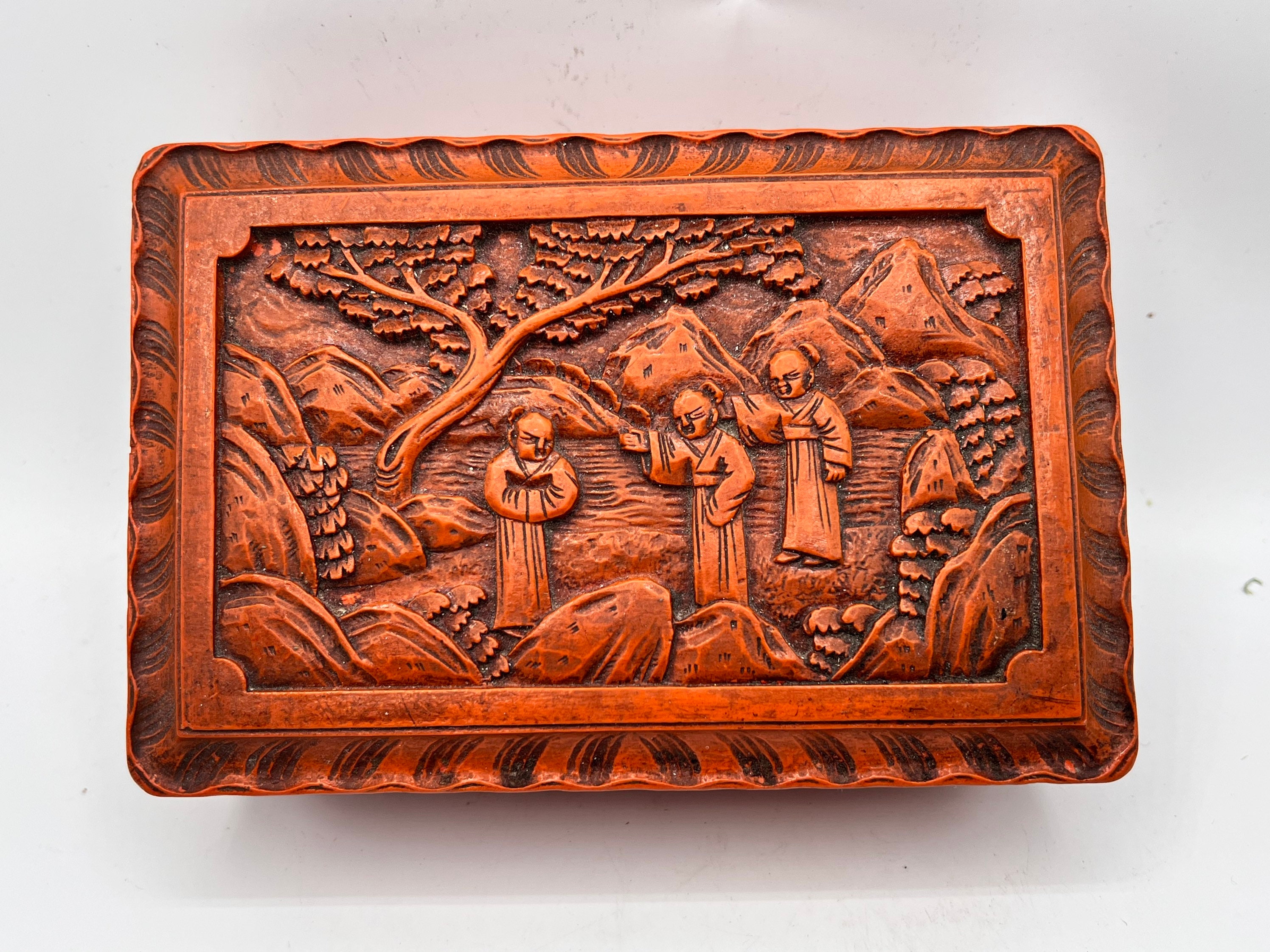 Antique Chinese Cinnabar Box, Hand Carved Rectangular