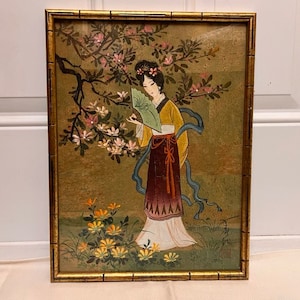 ヴィンテージ、芸者の水彩画、竹製フレーム、手描き、プロによる額装、芸者の桜、壁掛け、ギャラリーの壁アート