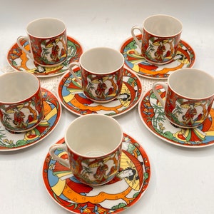 Vintage Geisha Lithopane Cups & Saucers, Japanese Tea Set, Set of 6, Eggshell Porcelain,  Circa 1950's, Collectible Lithopanes, Home Decor