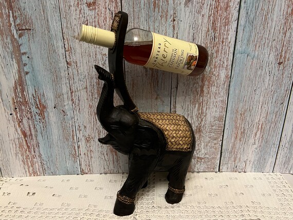 Vintage Elephant Solid Wood Carved Wine Bottle Holder Elephant Trunk Pointing Upwards Good Luck Decor for Your Home African Elephant Etsy