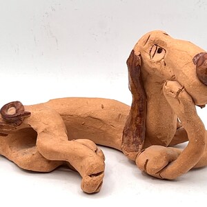 Vintage Clay Dog, Anthropomorphic Dog Statue, Made in Canada, Cartoon Dachshund Figurine, Hand Made, Hand Painted, Bored Dog, Dog Sculpture