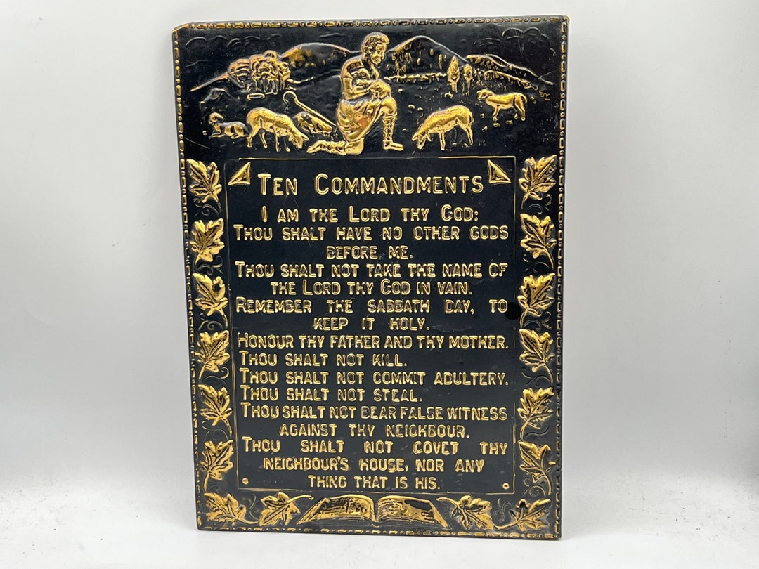 Vintage Brass the Ten Commandments Wall Plaque, Brass W/ Black, MCM, Wall Hanging, Religious