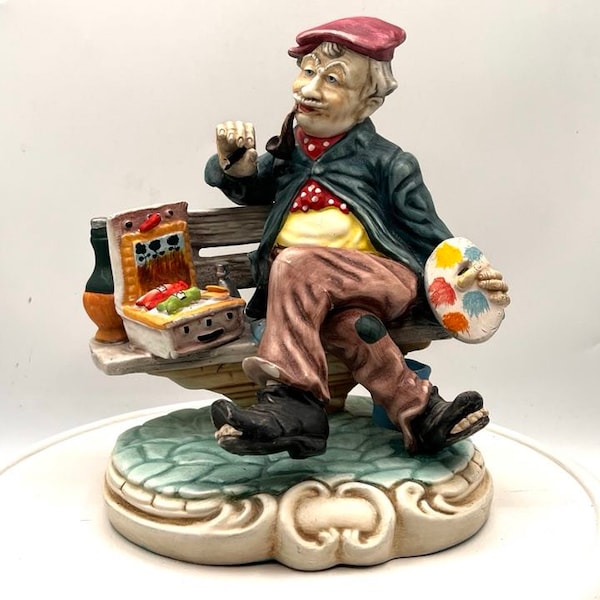 statue portugaise vintage, trouvaille rare, peintre de rue, porcelaine, homme assis sur un banc, fait main au Portugal, style Capodimonte, peintre