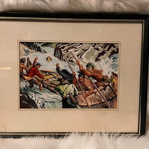 Vintage Indian Painting, Wall Art, Men Launching Canoe, Hand Painted, Wall Hanging, Captured by Soldiers, Gallery Wall Art, Framed Picture