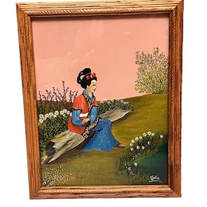 Vintage Geisha Girl Painting on Board, Wooden Frame, Signed Gaston, Colorful Hand Painting, Gallery Wall Art, Home Decor, Wall Hanging