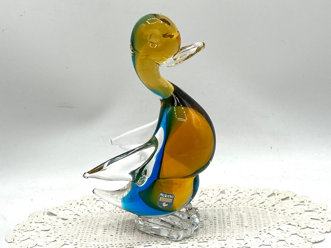 Vintage Art Glass Duck Murano Hand Blown Glass Blue Orange Etsy