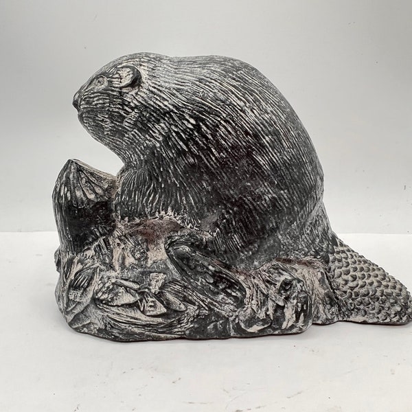 Wolf Original, Beaver Sculpture, Hand Made in Canada, Signed with original Label, Inuit Style Composite Resin Sculpture, Collectible