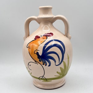 Vintage Rooster Bottle, Lamas Wine Jug, Hand Painted, Rare Pottery, Lucky Rooster, 2 Handles, Red Blue Yellow, Made in Italy, Kitchen Decor