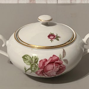 Antique Czechoslovakia Porcelain Sugar Bowl with Double Handles and Pink Rose Design, Server Dish, Coffee or Tea, Sugar Bowl