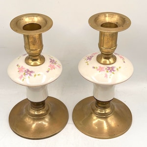 Vintage Brass Ceramic Candle Holders, Hand Painted Flowers, Taper Candlesticks, Set of 2, Pink & Purple Flowers, Gift for The Hom,