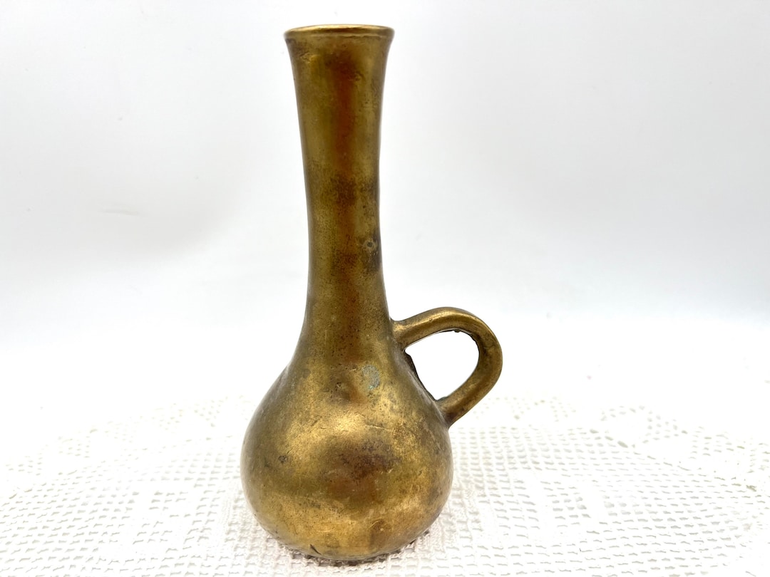 Vintage Brass Brutalist Vase, Mid Century Modern, Vase With Handle