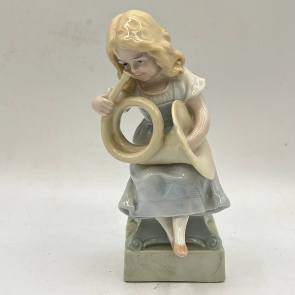 Vintage Girl Playing Horn, Ceramic Statue, Kitsch Decor, Blue Dress, Hand Painted, Crown Trademark, Girl Knick Knack
