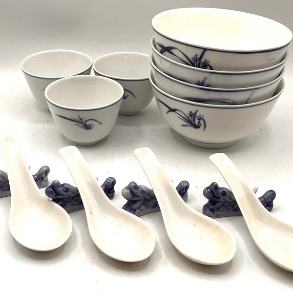 Vintage Chinese 4 Soup Bowls, 4 Chopstick Spoon / Rest, 3 Saki cups, 11 Piece Set, Blue & White Porcelain, Made in China, Chinese Dinner Set