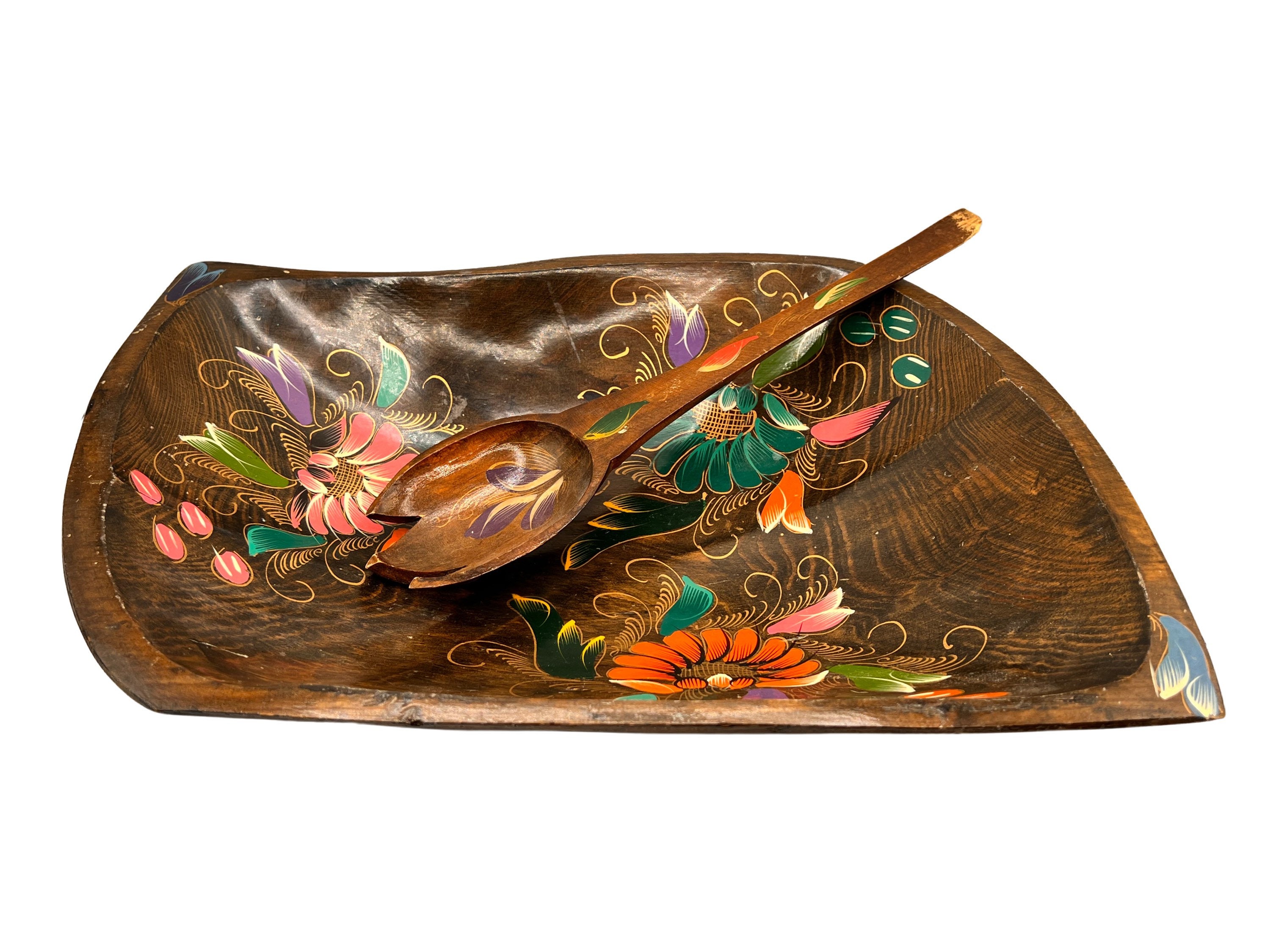 Vintage Hand-Painted Wooden Salad Bowl: Mexican Folk Art Toleware