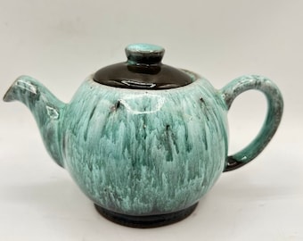 Vtg Pottery Teapot, Clay Pottery, Green Drip Glazed, Single Cup Teapot, Hand Made, Evangeline Model #993, Made In Canada, Green Brown Teapot